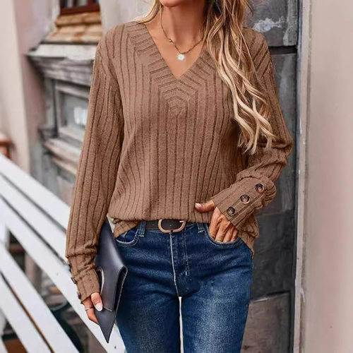 Winter women's pit stripe V-neck long sleeved knitted top