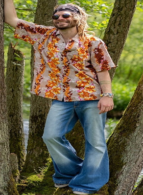 Men's blue high waisted embroidered retro flared jeans牛仔裤