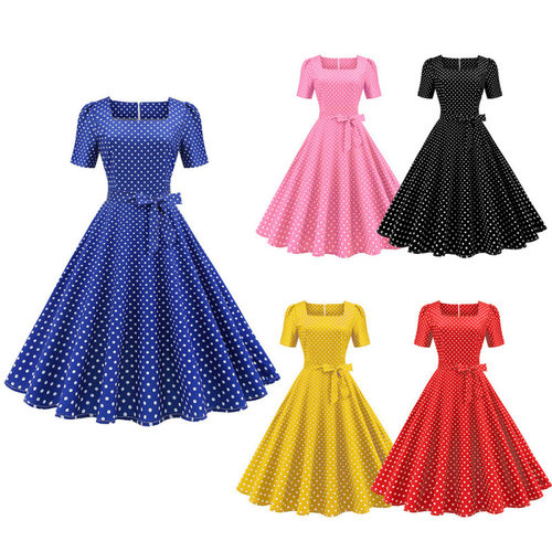 Wavelet dot printed dress短袖方领修身小波点印花连衣裙配腰带