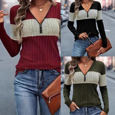 Winter women V-neck zipper long sleeved T-shirt女拉链长袖T恤