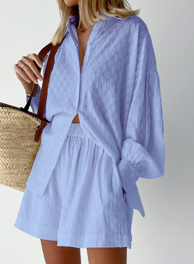 Vacation Suits Women Long Sleeves Shirts And Hot Pants Two P