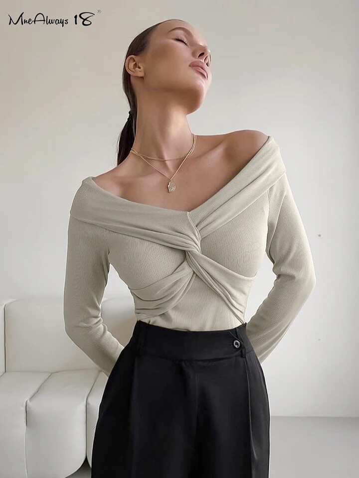 Ribbed Knitted Tees Slash Neck Long Inner Tops Pullover Tops