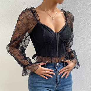 Black Women Lace Crop Sexy Tops Sheer Sleeve nec Long