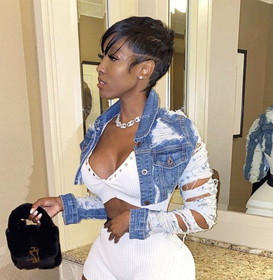 Ripped Hole Cropped Woman Jean Jacket XXl Blue Bomber Coat