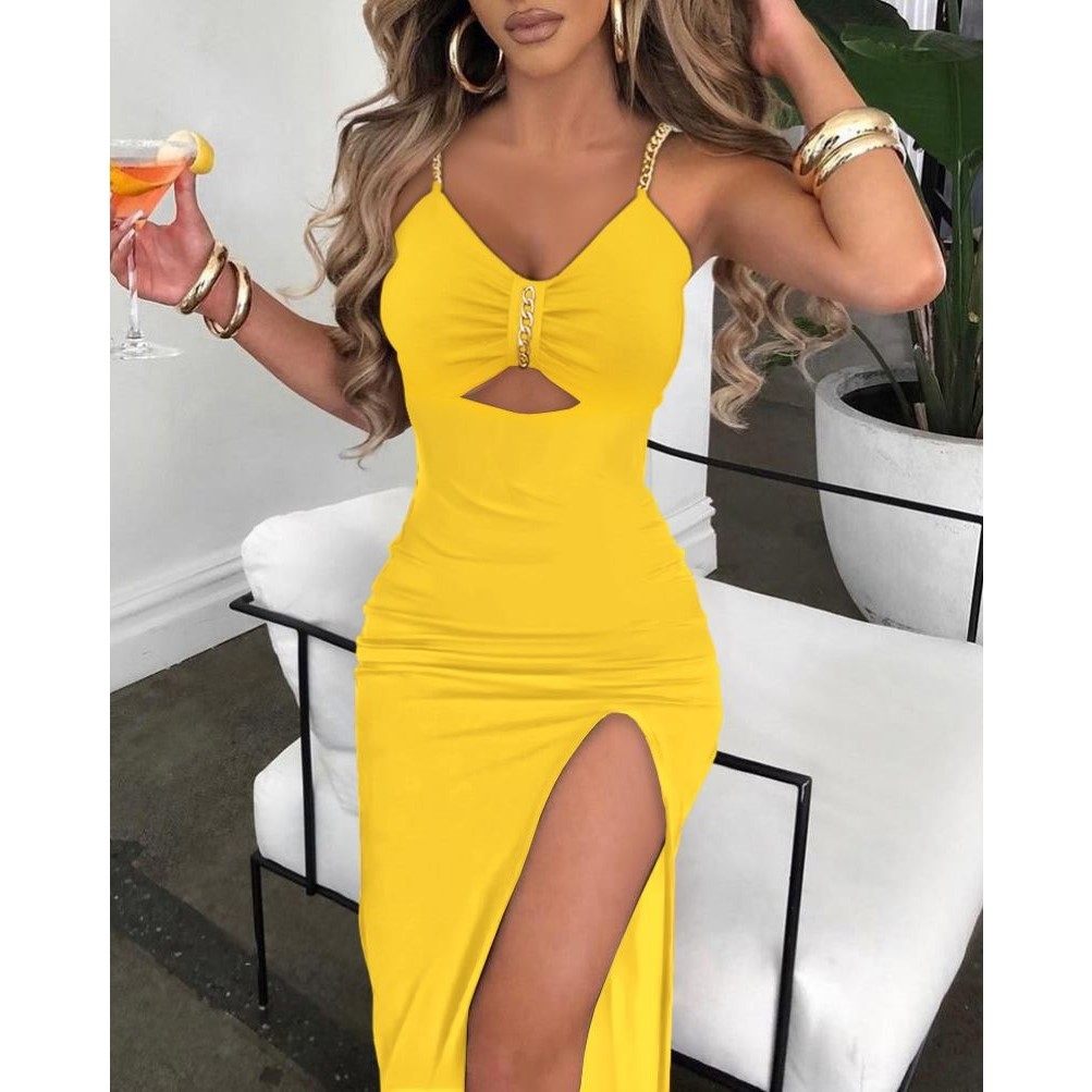 链条肩带开叉修身连衣裙女 Chain Decor Cutout High Slit Dress
