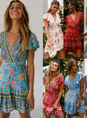 V-neck Bohemian print dress, short skirt, women's clothing