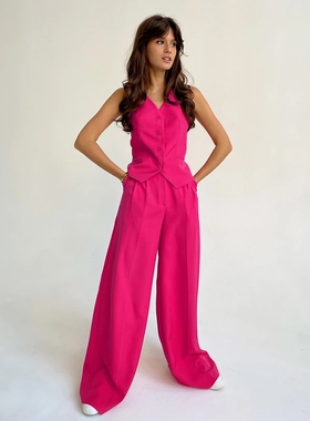 Women High Waist Wide Leg Pants Suits Button Vest Outfit