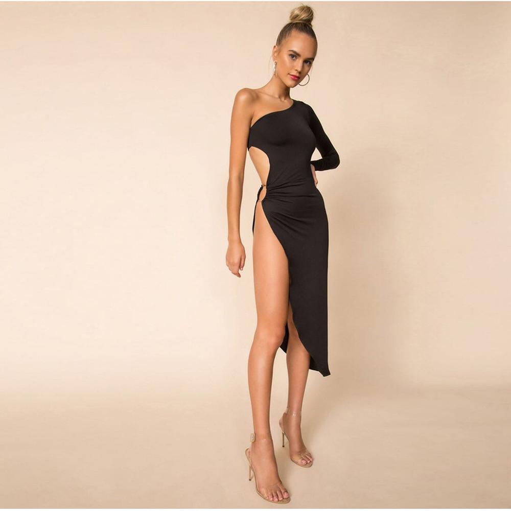 Ladies One Shoulder Soild Hollow Out Dress Women Clubwear