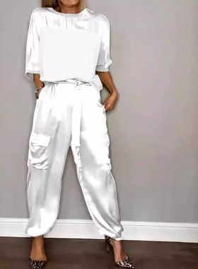 Women half sleeved top+tied ankle pants satin two-piece set