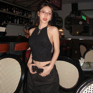 neck sequined hanging vest 背心 Women top女亮片性感露背无袖