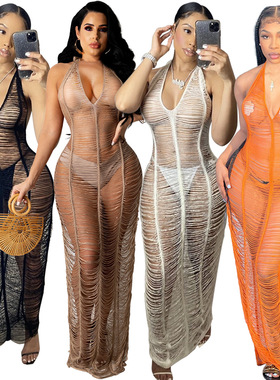 Women Summer Knit Cover Up Dress Backless Crochet Long Beach