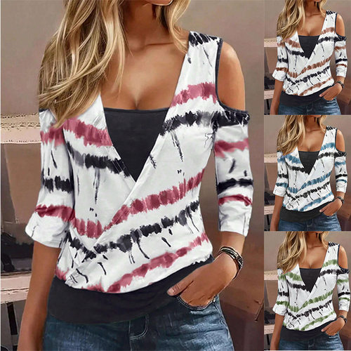Women's printed off shoulder V-neck fake two t-shirts女T恤
