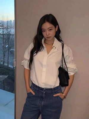 金智妮明星同款衬衫2026新白色宽松休闲百搭打底长袖上衣v领衬衣