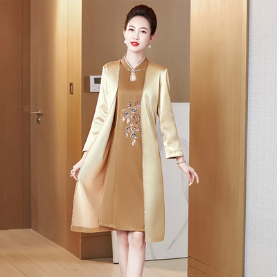 丈母娘高档过膝中长款妈妈装春秋季儿子结婚礼服婚宴连衣裙假两件