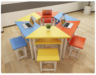 学生六角实验桌阅览教室六边形电脑桌双层美术拼接组合梯形课桌椅