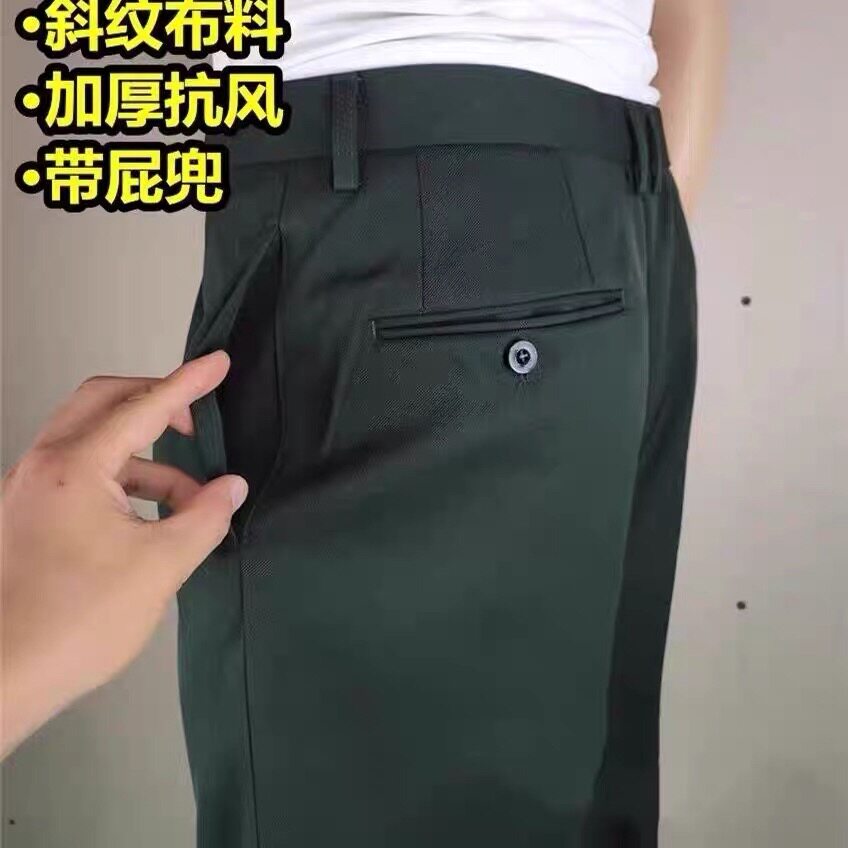 深绿松枝绿墨绿色男冬裤哔叽冬裤加厚款休闲裤直筒抗皱裤毛料冬裤