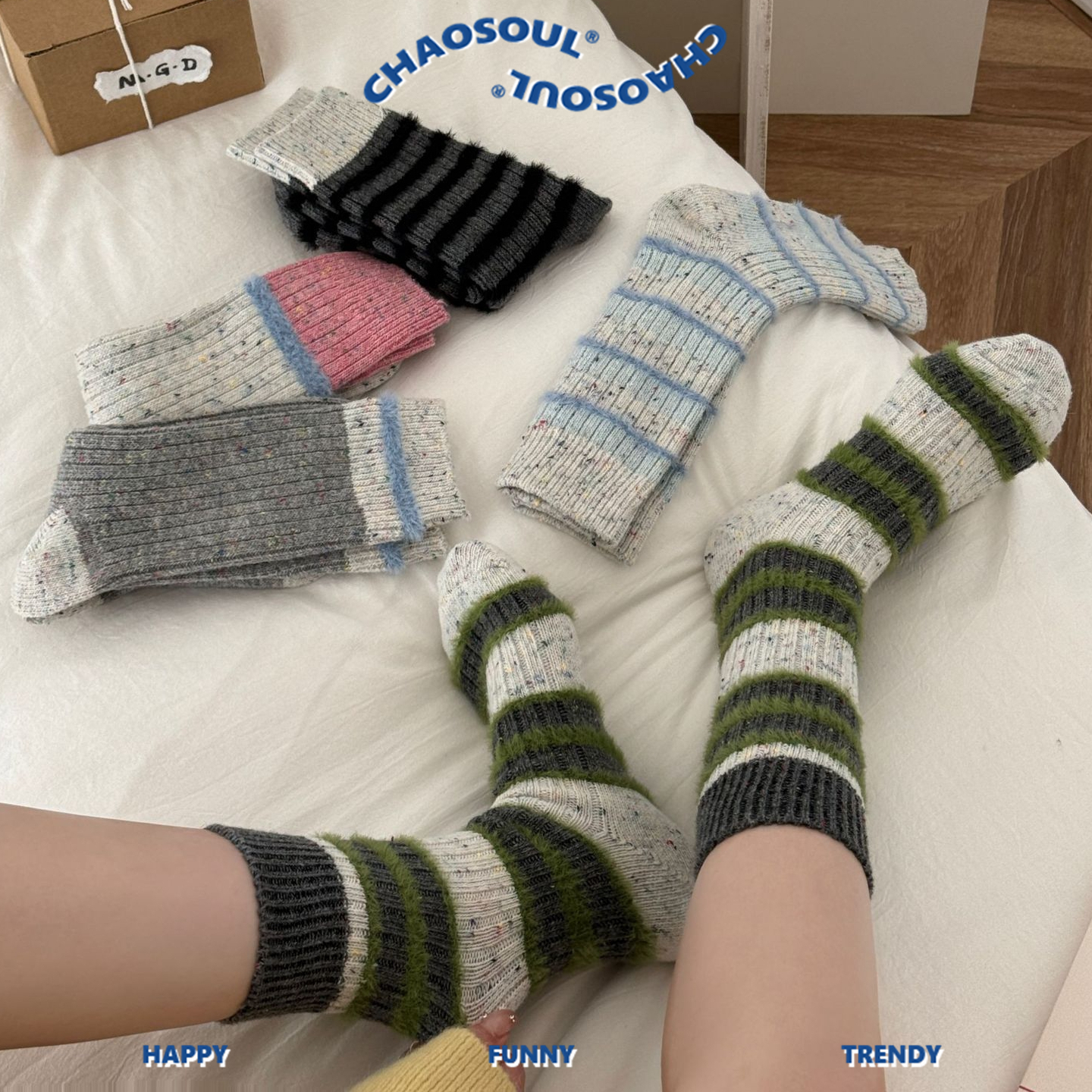 水貂绒点子纱粗线条纹袜子女加厚保暖韩系ins撞色点纱中筒堆堆袜