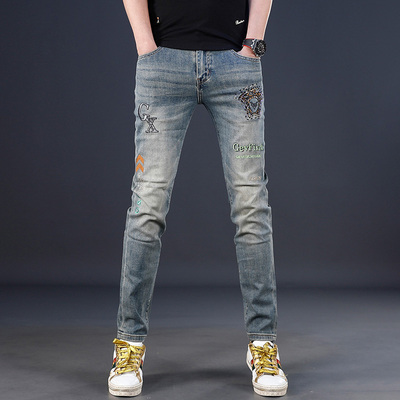 欧货修身裤子高级感刺绣牛仔裤男