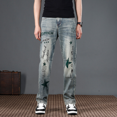 2024新款直筒宽松印花男士牛仔裤