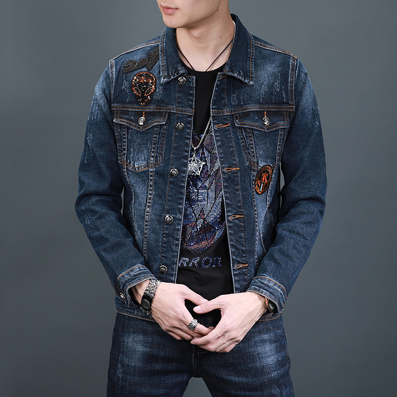 蓝色欧美潮牌烫钻男士夹克春款