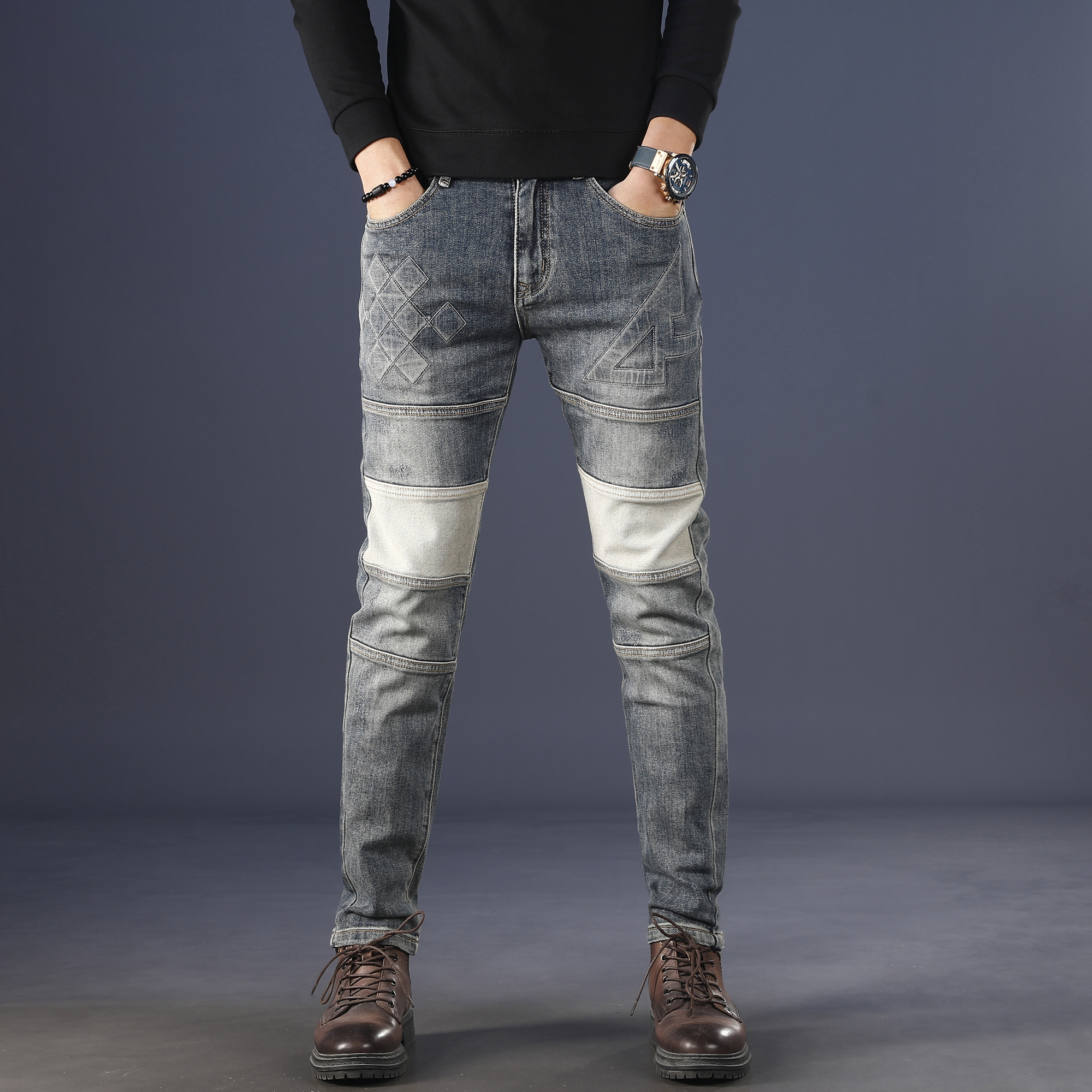 2025个性拼接修身直筒牛仔裤厚款