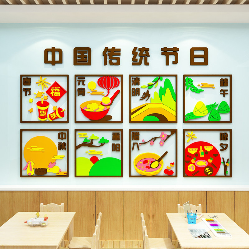 传统节日幼儿园墙面装饰楼梯台阶走廊环创主题成品托管班文化墙贴