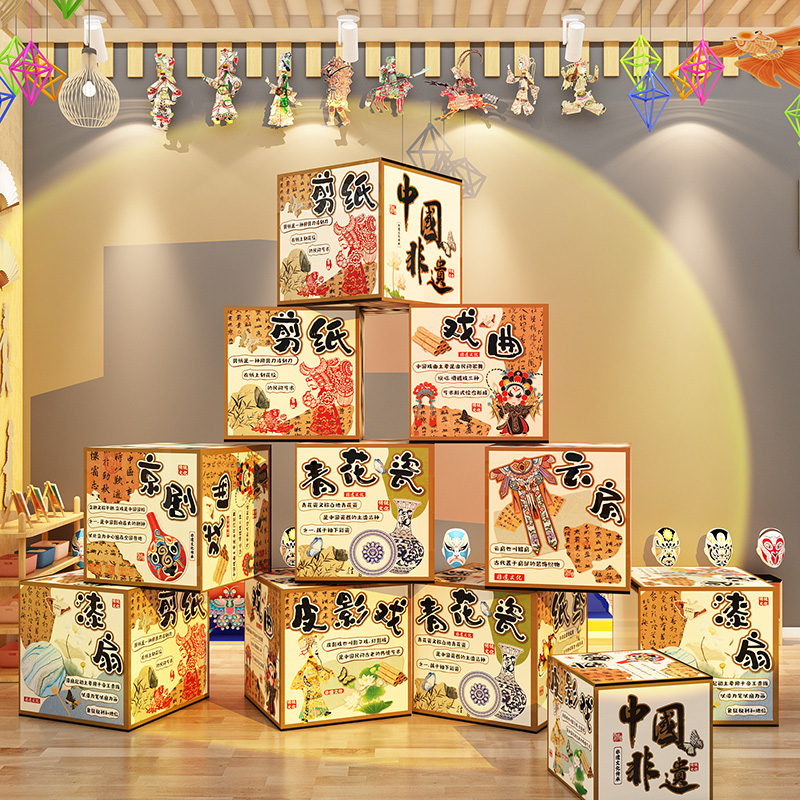 中国非遗盒子文化墙传统主题装饰幼儿园环创成品材料教室场景布置