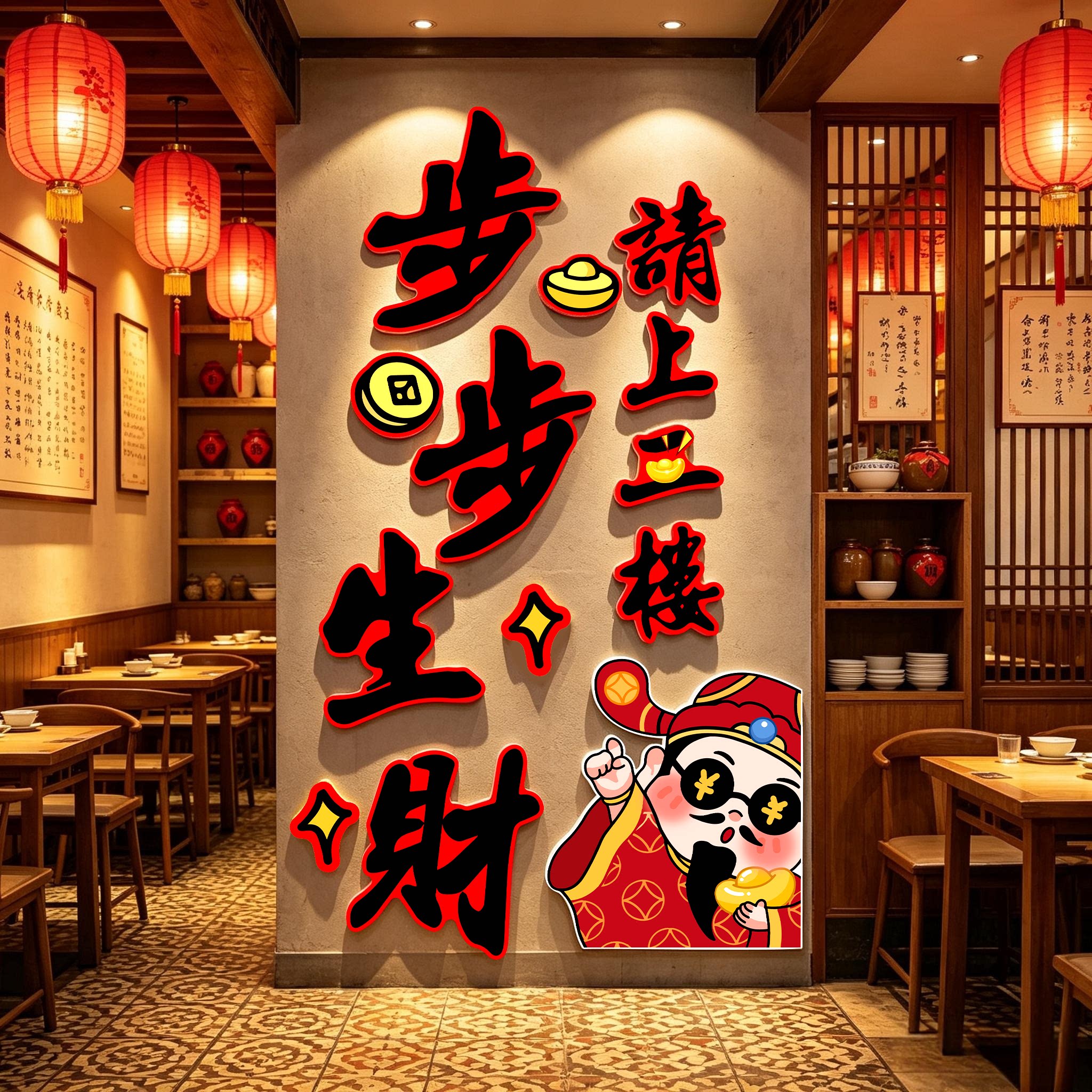 步步生财请上二楼火锅店指示牌