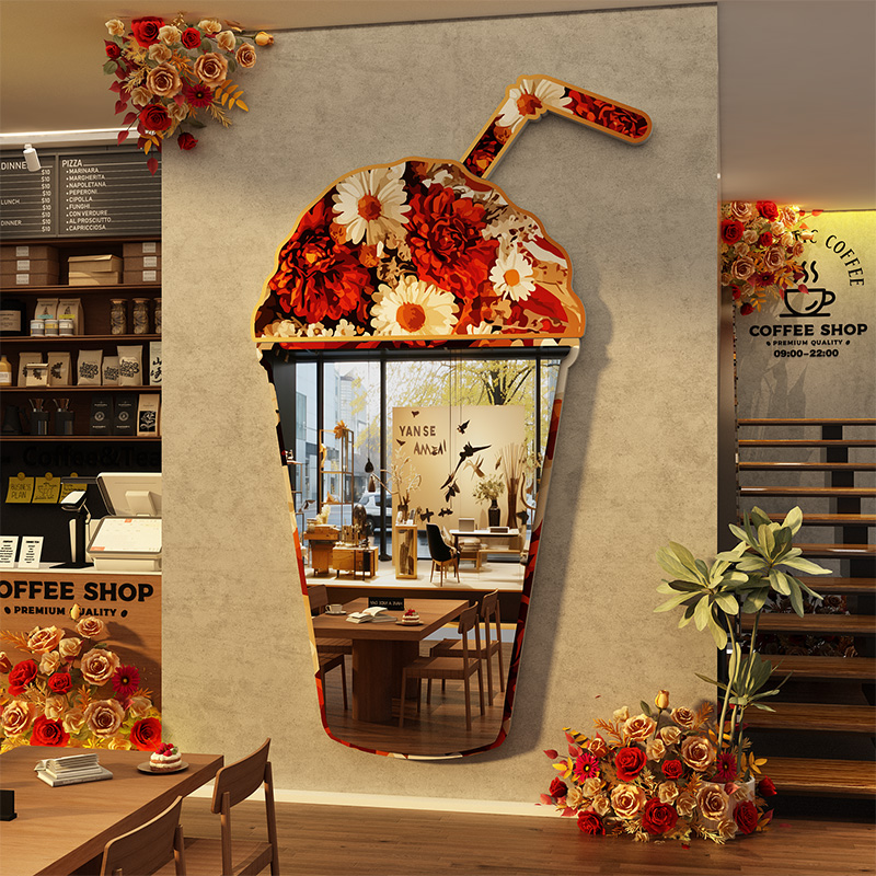 网红镜子墙面装饰奶茶咖啡角氛围布置打卡拍照造场景美容花店甜品