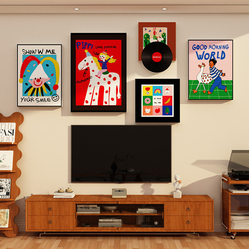 电视机背景墙面装饰画挂自粘客厅儿童卧室床头布置多巴胺贴纸改造