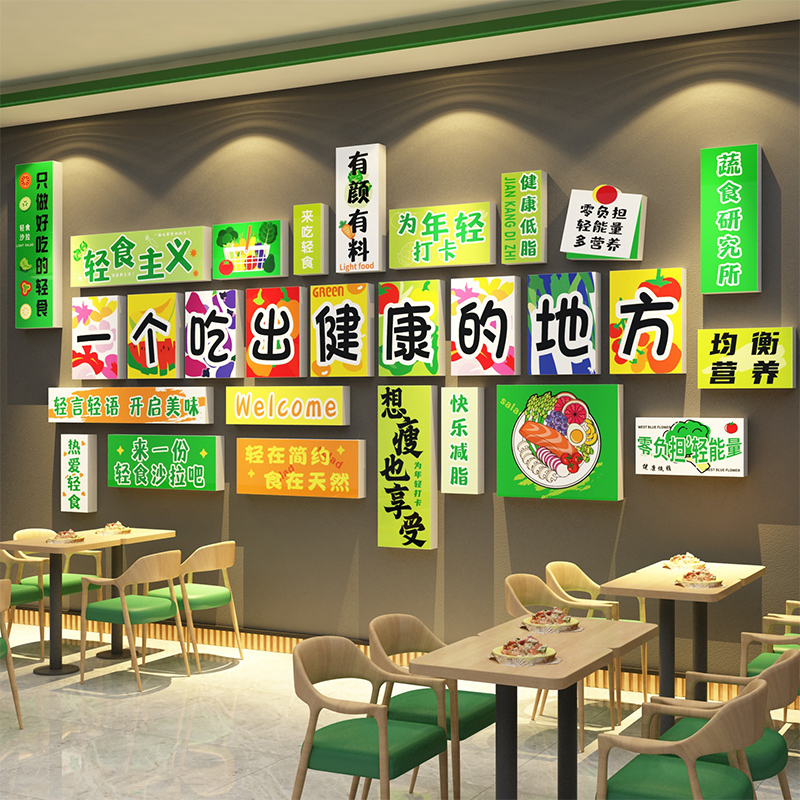 网红轻食店墙面装饰画沙拉背景壁餐饮厅文化小吃铺玻璃门贴纸创意图片