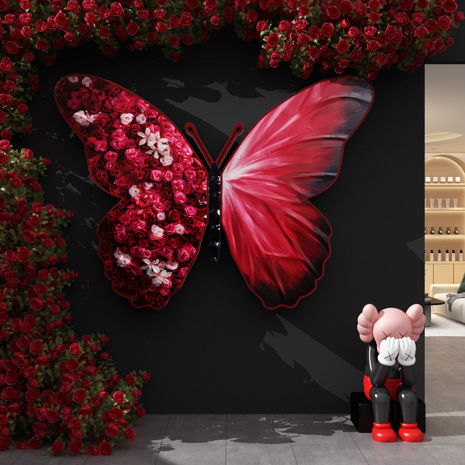 美容院网红打卡拍照区布置立体巨型蝴蝶花墙装饰氛围造场背景形象