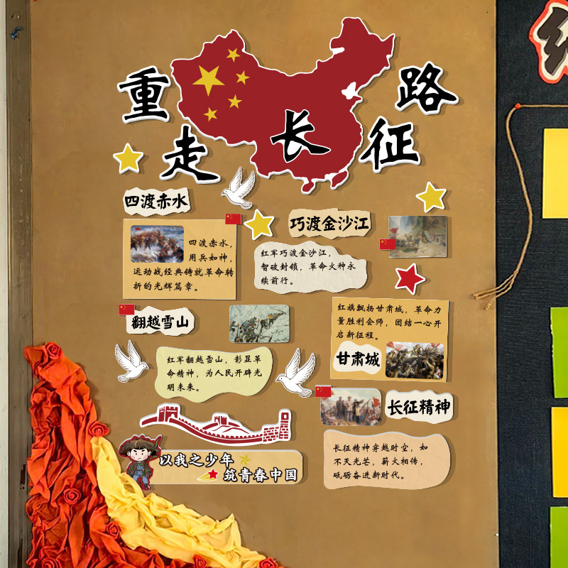幼儿园红色教育班级文化爱国墙面装饰重走长征路精神环创主题贴画