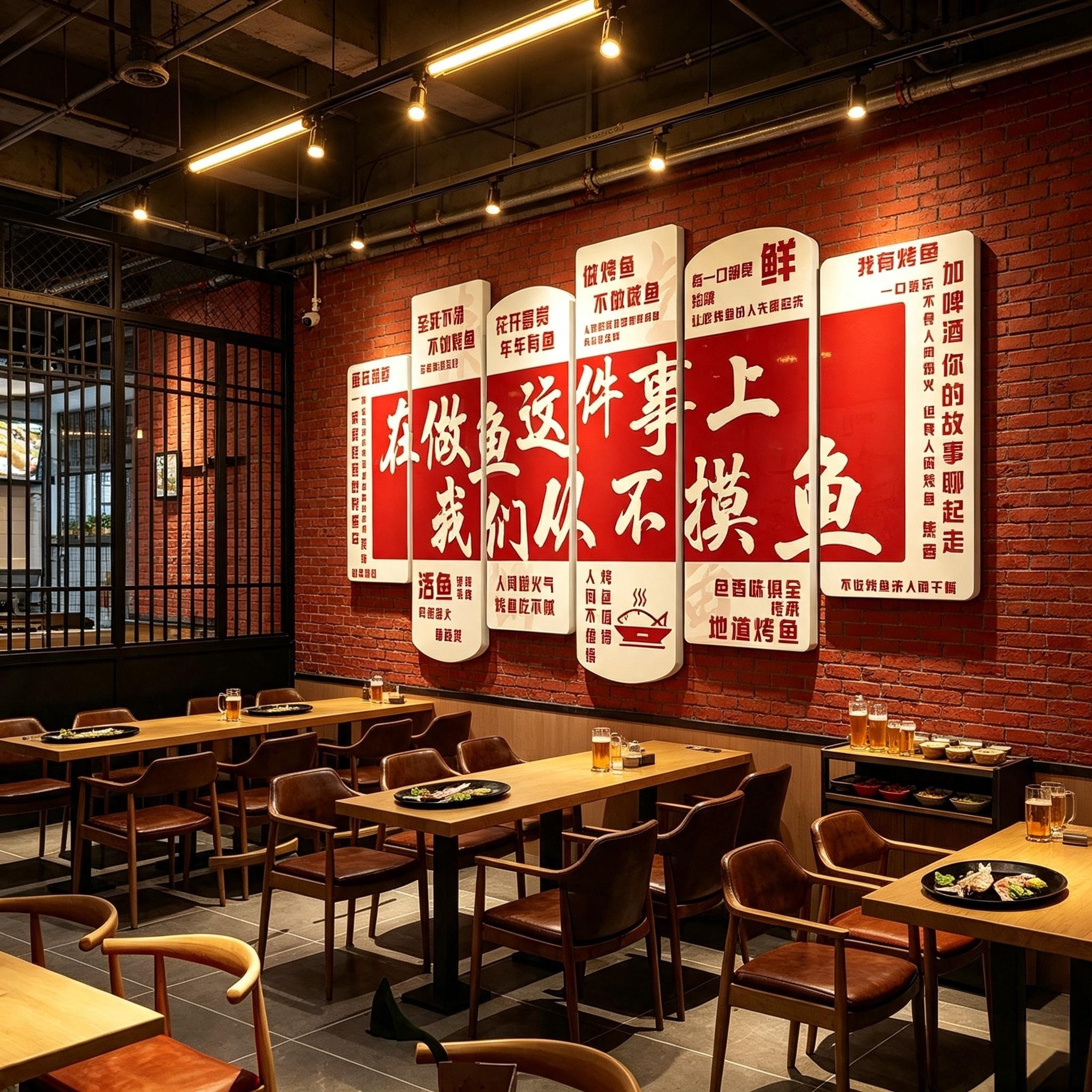 网红烤鱼店墙面装饰氛围布置石锅火创意广告贴壁纸画湘菜餐饮海报图片