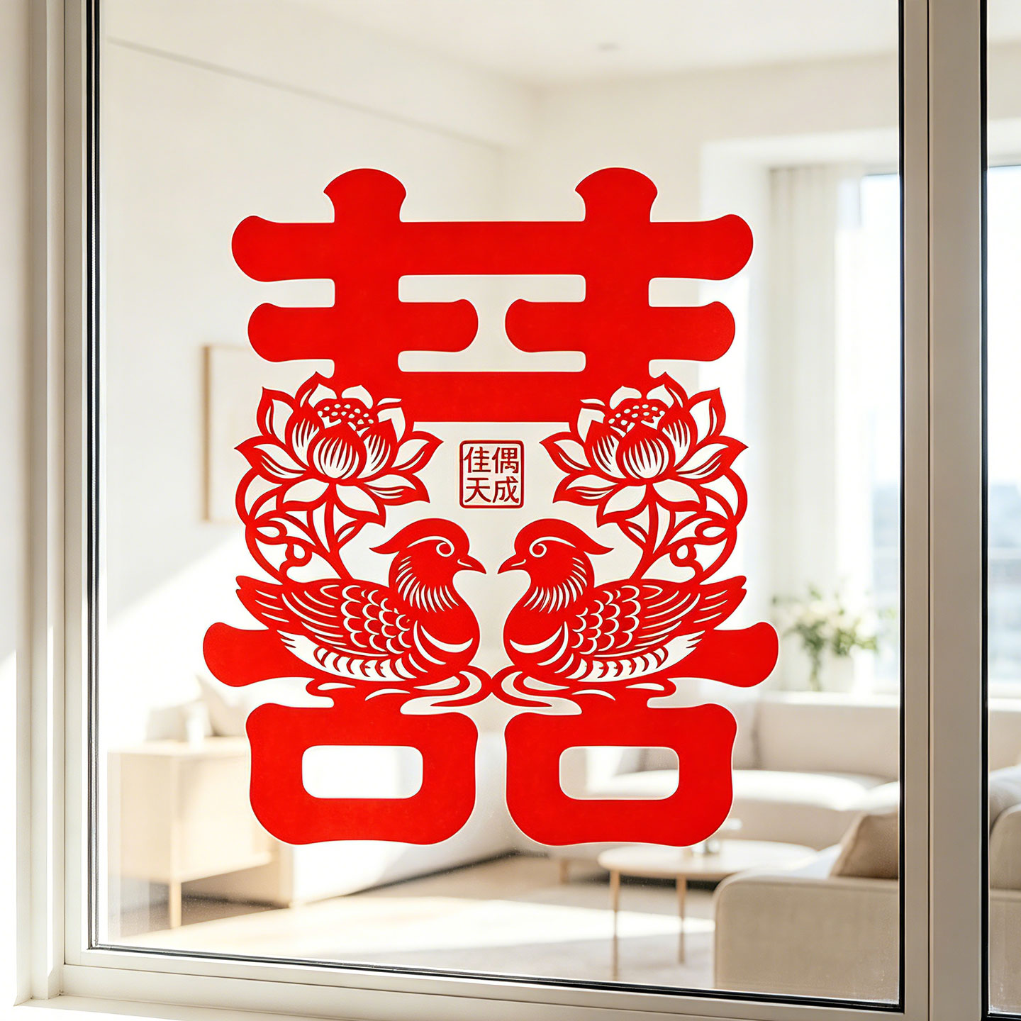 喜字静电贴纸鸳鸯图案剪纸结婚窗户玻璃门贴婚房红双喜龙凤囍字