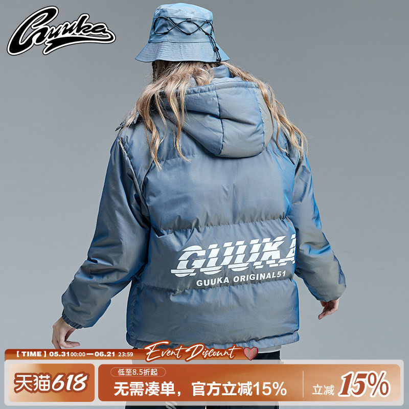 GUUKA幻彩反光棉服新款女 情侣嘻哈印花棉衣外套女冬季保暖加厚
