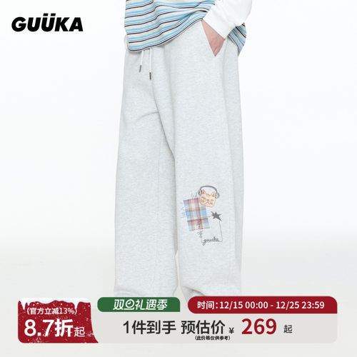 GUUKA猫咪刺绣弯刀卫裤