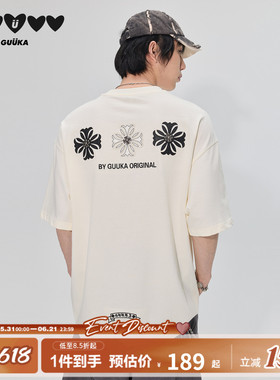 GUUKA潮牌白色重磅纯棉t恤男夏季美式短袖哥特风PU皮刺绣落肩半袖