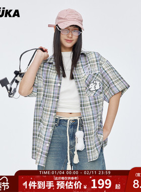 GUUKA&matsui联名蓝色格子短袖衬衫女夏小狗脚印刺绣衬衣外套宽松