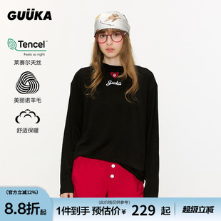 GUUKA潮牌刺绣黑色长袖 T恤女莱赛尔天丝上衣立领正肩打底绵羊毛衫