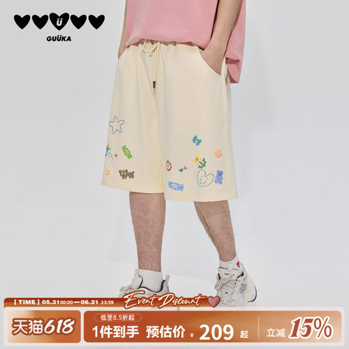 GUUKA卡通印花五分裤男重磅纯棉