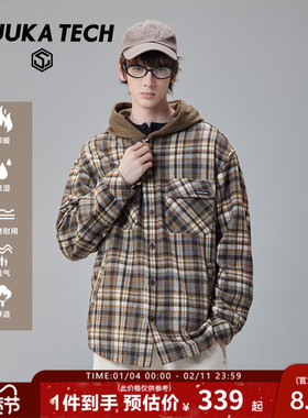 GUUKA TECH美式复古衬衫男款长袖衬衣绵羊毛连帽格子外套落肩宽松