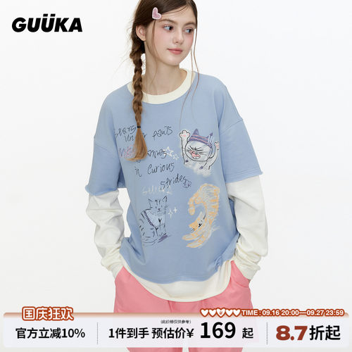 GUUKA暴躁猫咪假两件长袖T恤