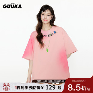 重磅纯棉上衣女宽松 渐变水洗半袖 GUUKA潮牌粉色落肩短袖 T恤男夏季