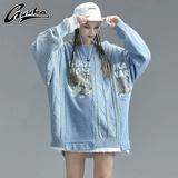 Синяя длинная толстовка для влюбленных в стиле хип-хоп, осенняя, круглый воротник, средней длины, свободный крой