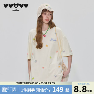 重磅纯棉字母刺绣落肩半袖 GUUKA白色小熊软糖短袖 t恤女夏2026新款