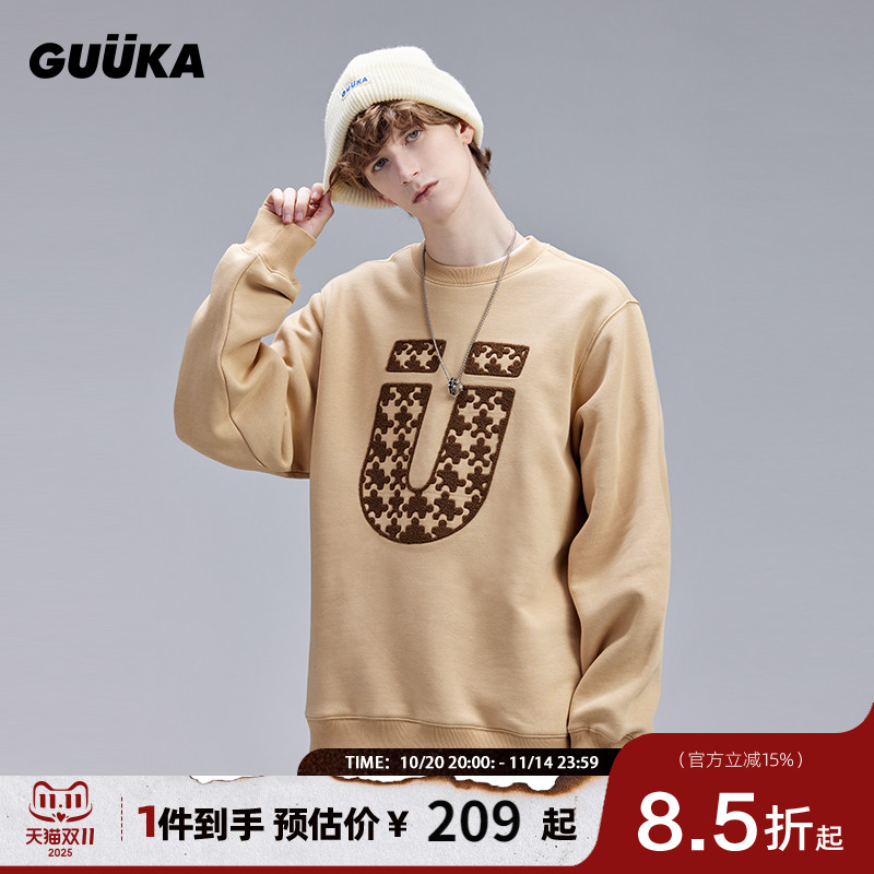 GUUKA卡其色抓绒加厚圆领卫衣
