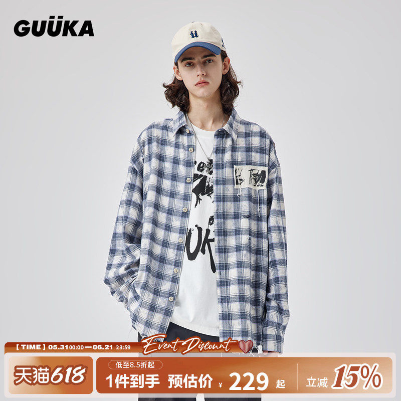 GUUKA潮牌格子长袖衬衫男新款 李宏毅同款青少年复古衬衣外套宽松