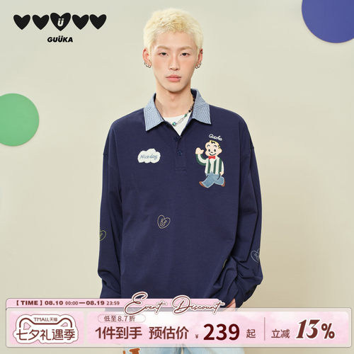 GUUKA深蓝色重磅格子衬衫拼接长T