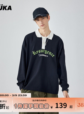 GUUKA黑色长袖重磅T恤男纯棉秋新款15周年系列哥特字母POLO衫宽松